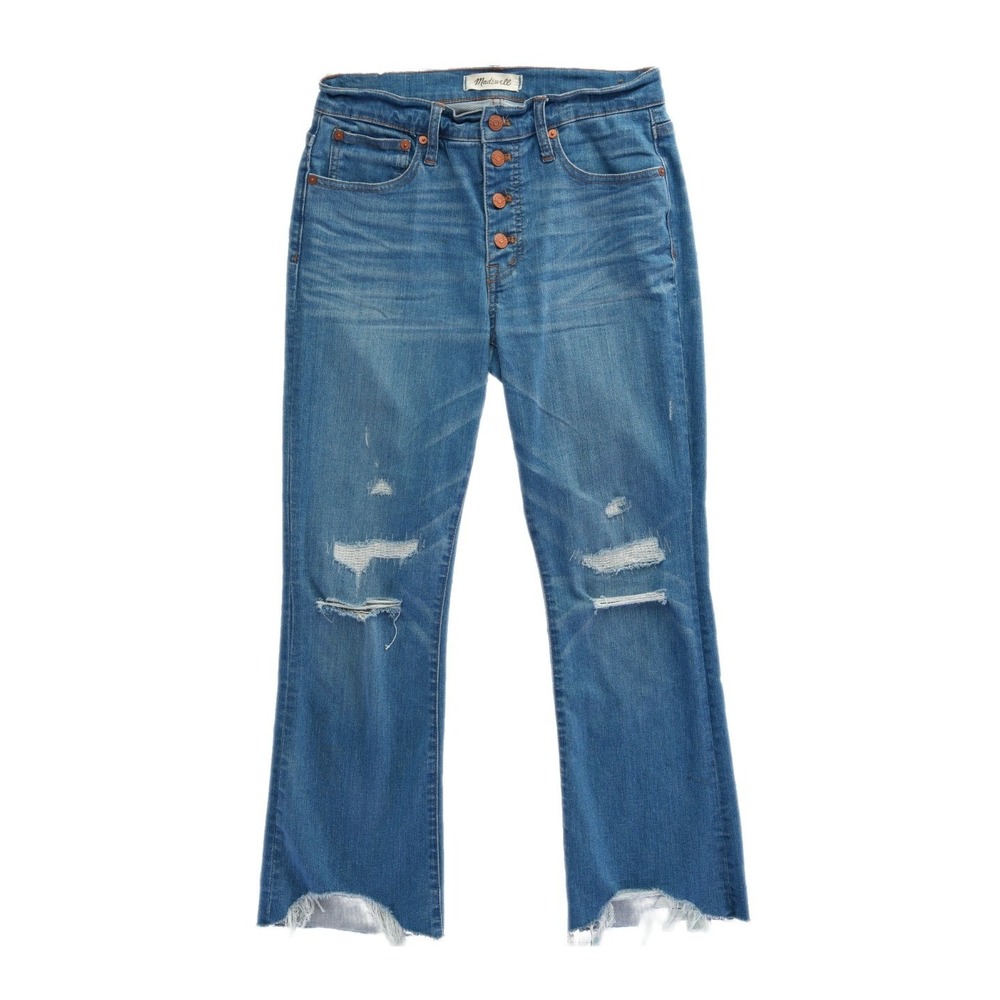 Madewell Women's Size 27 Medium Wash Cali Demi Boot Jeans Button Fly Raw Hem